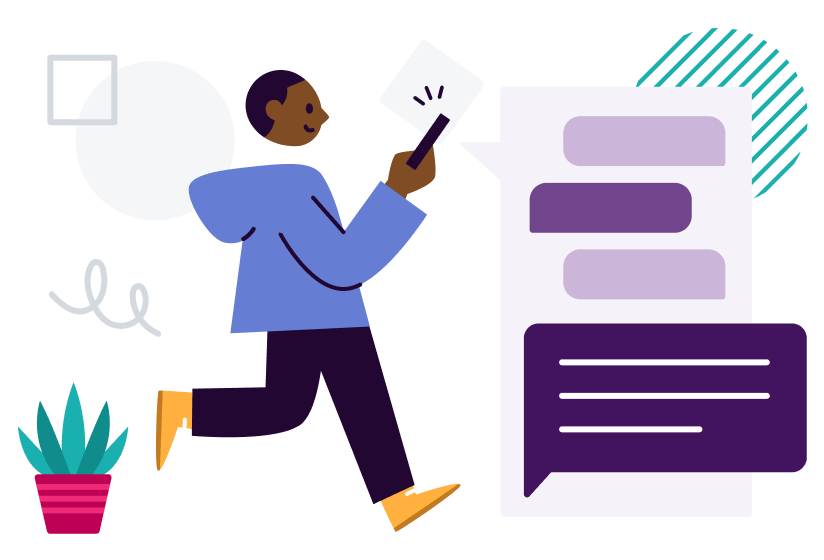 Cartoon man texting on his phone, sending an SMS message