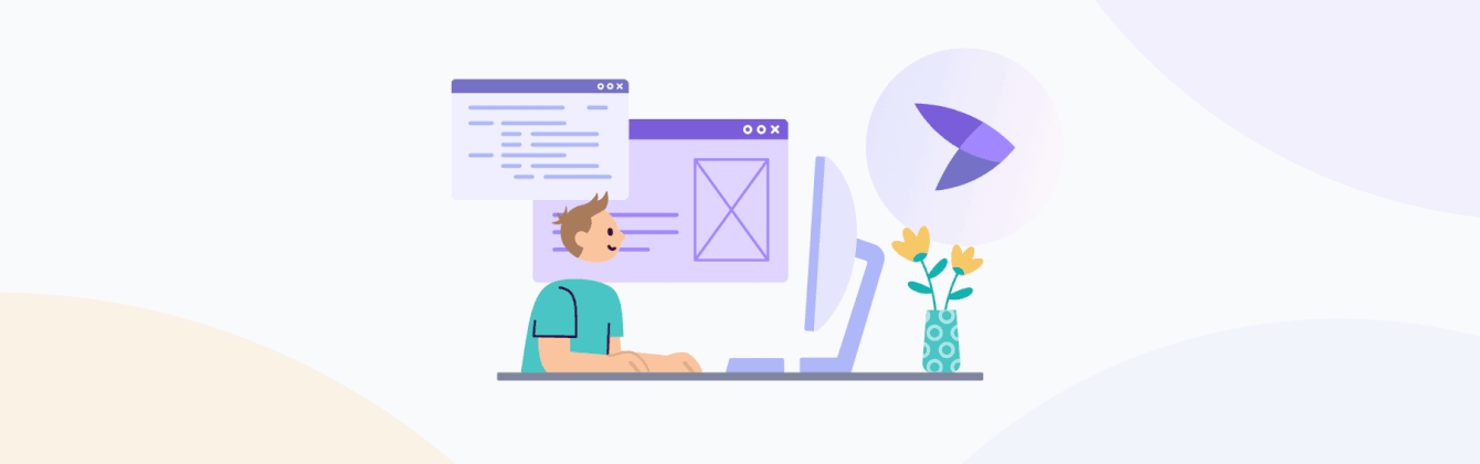 Illustration of a person using a laptop with coding and the Esendex logo.