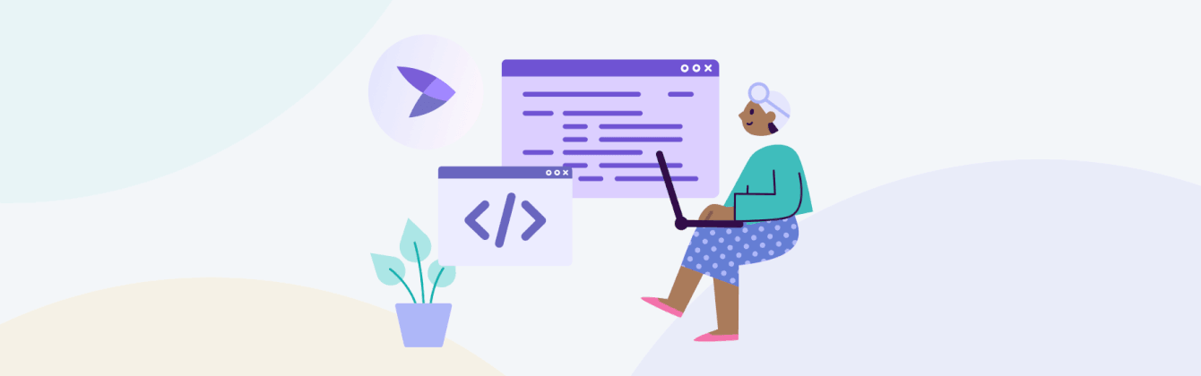 Illustration of a person using a laptop with coding and the Esendex logo.