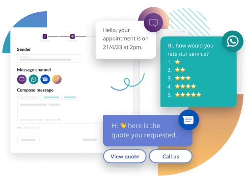 An image showing how you can access business messaging services via the Esendex messaging platform and 3 of the main types of messages you can send via it (SMS, WhatsApp and RCS)
