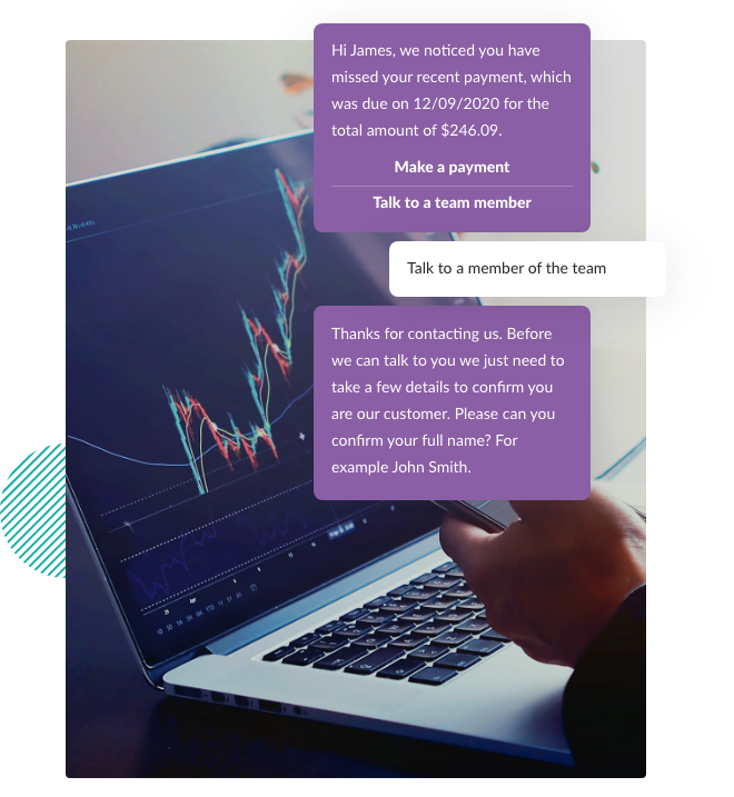 Someone is looking at a graph on a computer. Is he holding a calculator or a phone? It's questionable. What is known, is the person's name is probably James. This is known by the text message conversation that is also displayed. He missed a payment, but he has the option to make a payment or speak to a team member. He has opted to speak to a team member. They are going to vet him by text and then put him onto the best person to help his claim. Another great use of debt collection via message with Esendex Australia. 