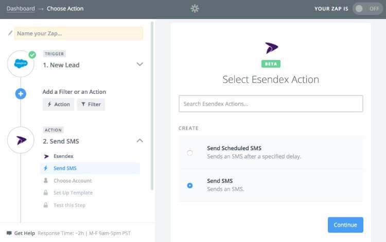 Screenshot of how to select the Esendex action in Zapier