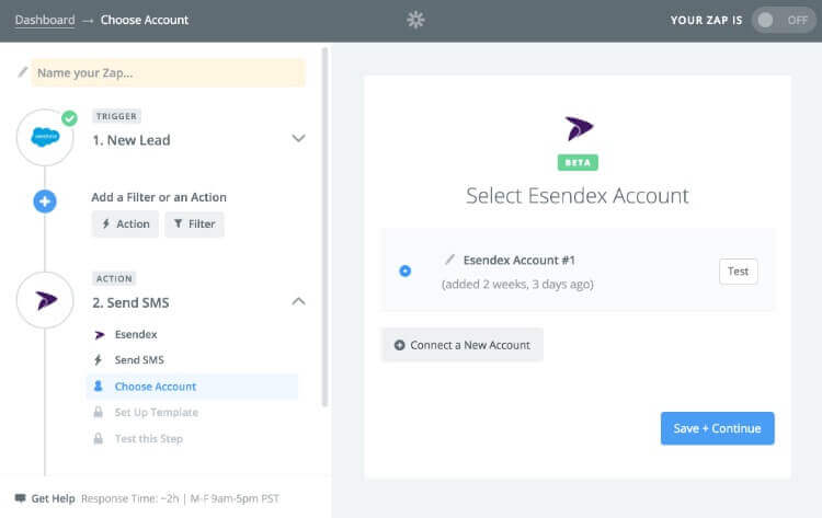 Screenshot on how to select an Esendex account in Zapier