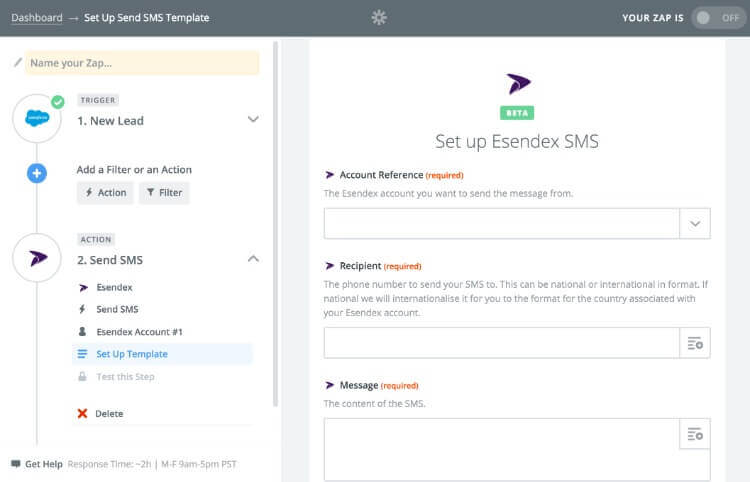 Screenshot on how to set up the SMS in Zapier