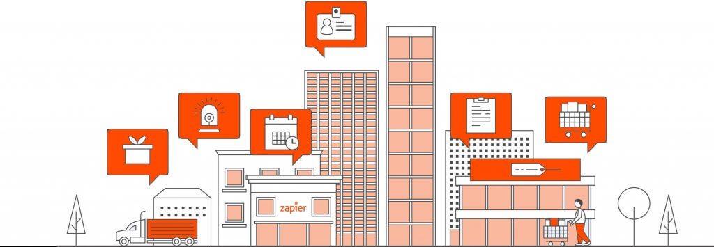 An illustration of multiple buildings, one with the Zapier logo, and speech bubbles with icons like shopping cart, present box, light bulb, calendar etc