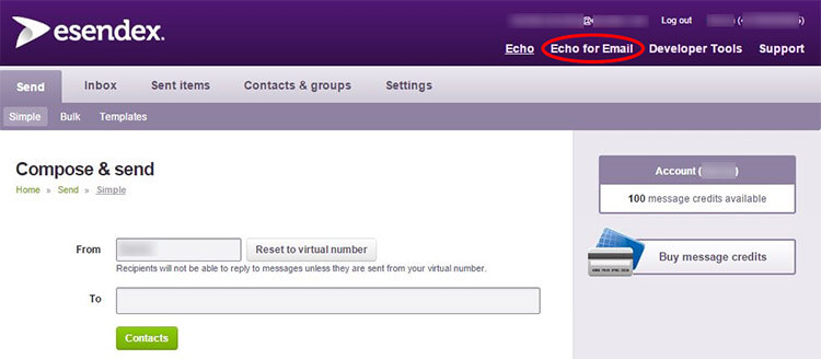 Screen shot of choosing Echo for Email in our Echo platform