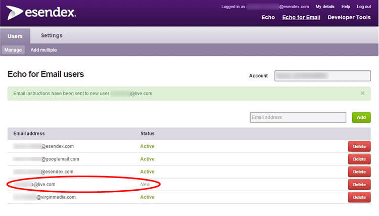 Screen shot of successfully adding a new user on Echo for Email