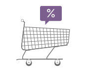 Illustration of a trolley and a purple speech bubble with a percentage sign in it