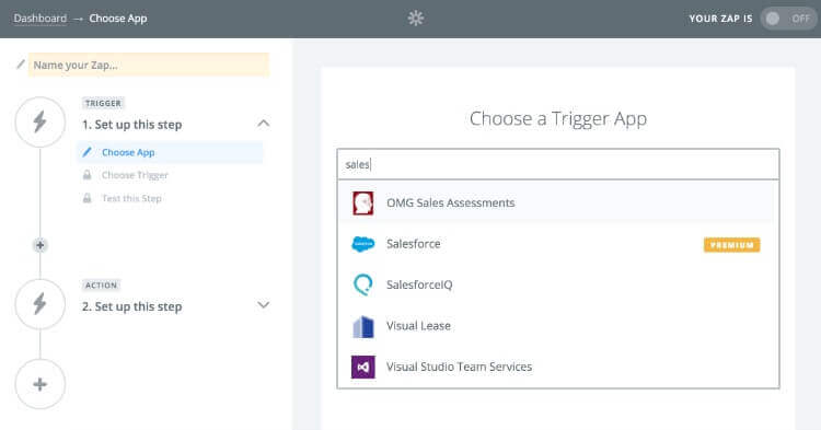 Screenshot of choosing Salesforce as the trigger app in Zapier