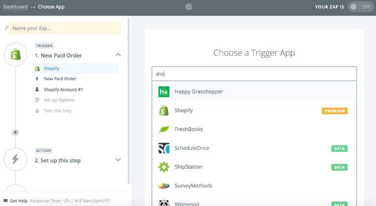 Screenshot of how to choose Shopify as the trigger app in Zapier