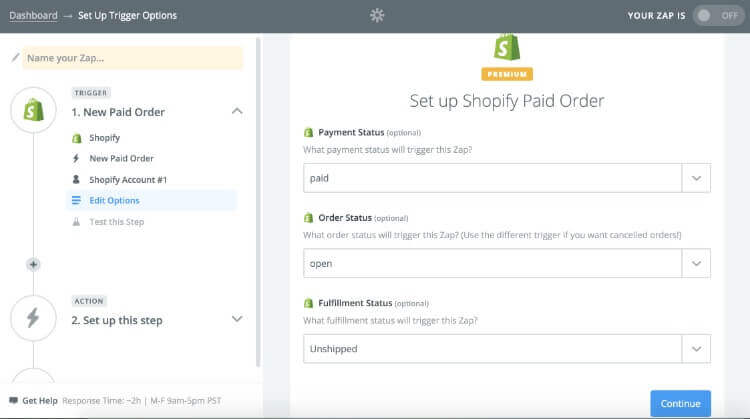 Screenshot of hot to set up Shopify paid order as trigger in Zapier