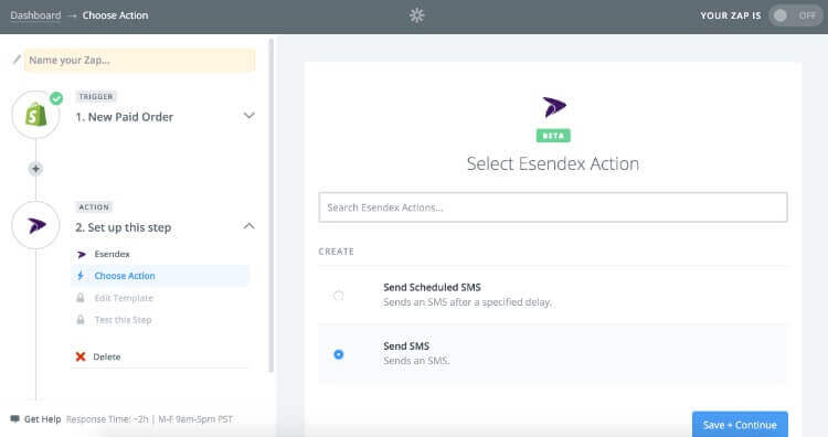Screenshot on how to select Esendex action in Zapier
