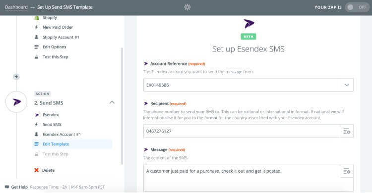 Screenshot of setting up the Esendex SMS in Zapier