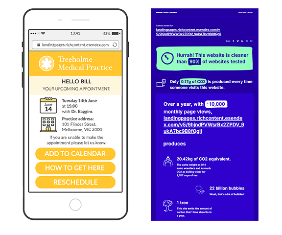 An example of the carbon footprint of an SMS Landing Page created as appointment reminder