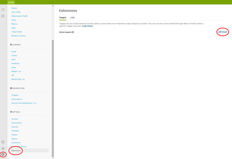 Screen shot of how to add target in Zendesk