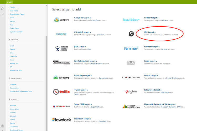 Screen shot of choosing the URL target in Zendesk