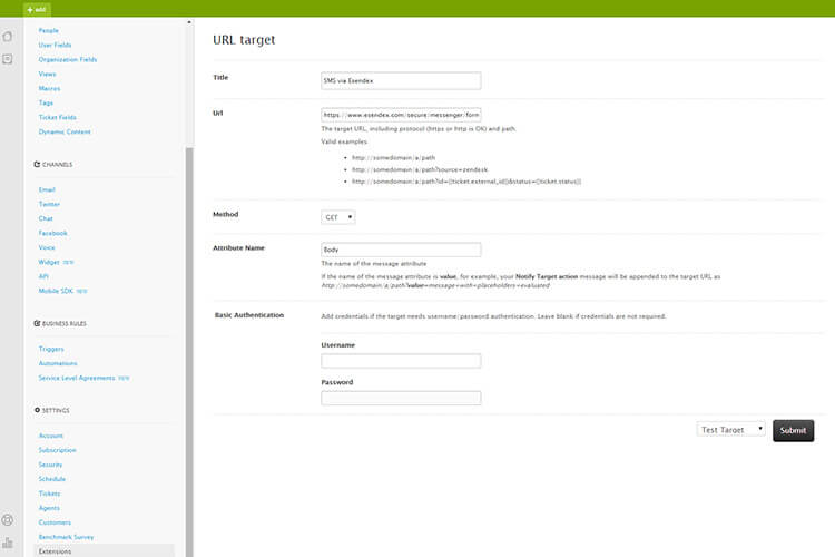Screen shot of how to set up the URL target in Zendesk