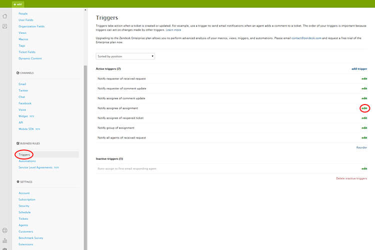 Screen shot of how to set up trigger in Zendesk