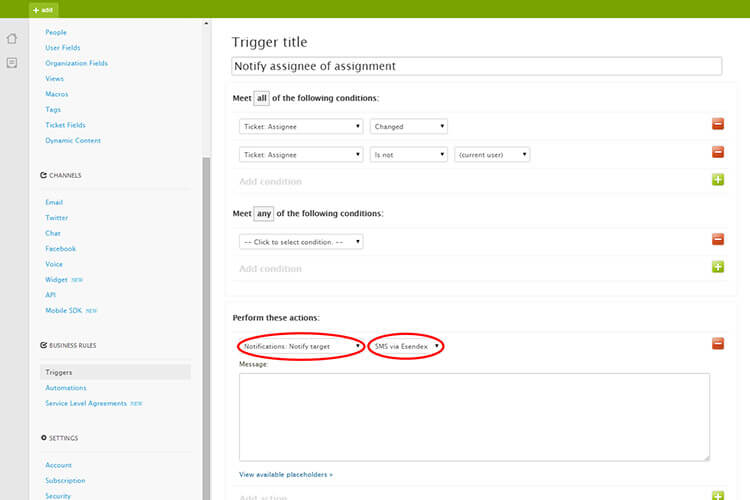 Screen shot of how to set up for the SMS to be sent with a specific event