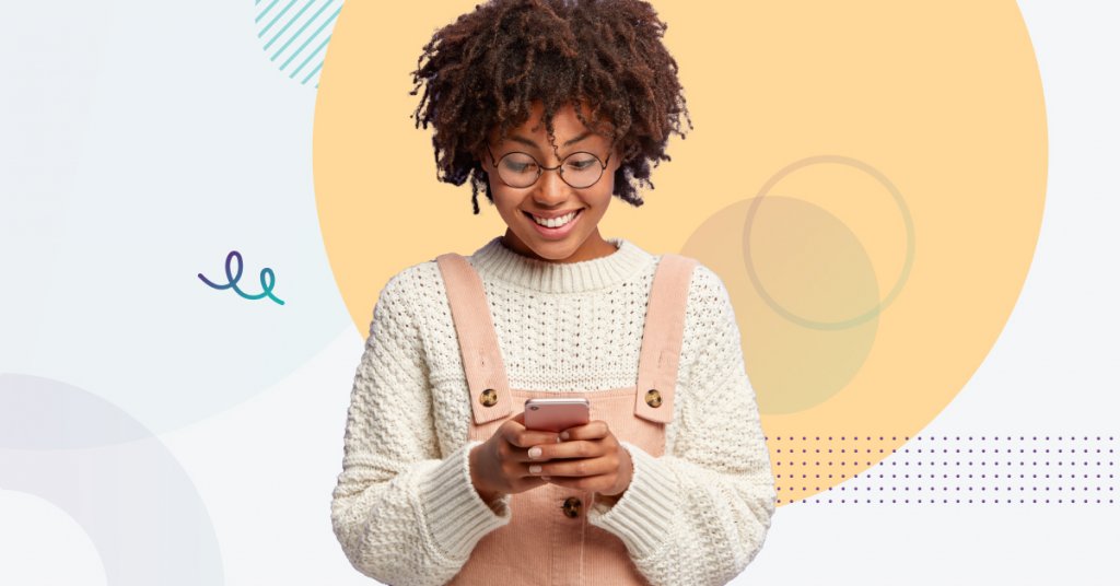 Woman interacting with her phone, engaging in conversational messaging
