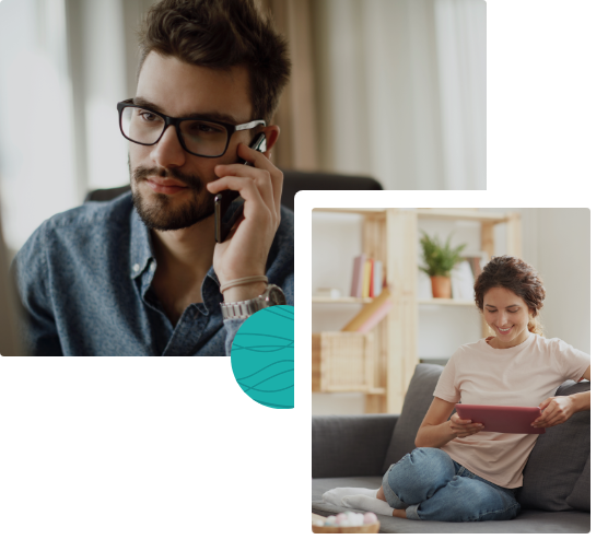 Gentleman sat talking on mobile, lady sat with tablet device